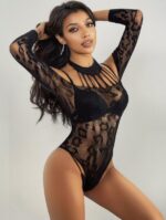 Siyah File Leopar Desenli Body Suit