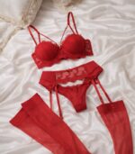 İnci Dantel Jartiyerli Kırmızı Sütyen Takımı