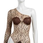 Leopar Desen Tek Kol Asimetrik Body Suit