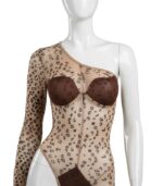 Leopar Desen Tek Kol Asimetrik Body Suit